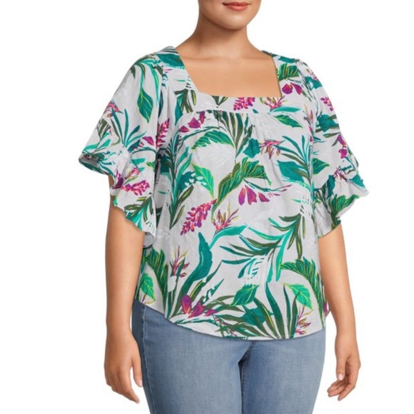 Terra & Sky Women's Plus Size Tropical Square Neck Peasant Top Size 4X - Picture 2 of 10